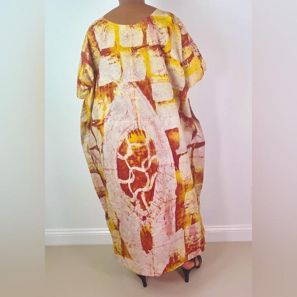 African Print Ankara Yellow Multicolor Cotton Tie Dye Midi Kaftan Dress - Picture 8 of 9